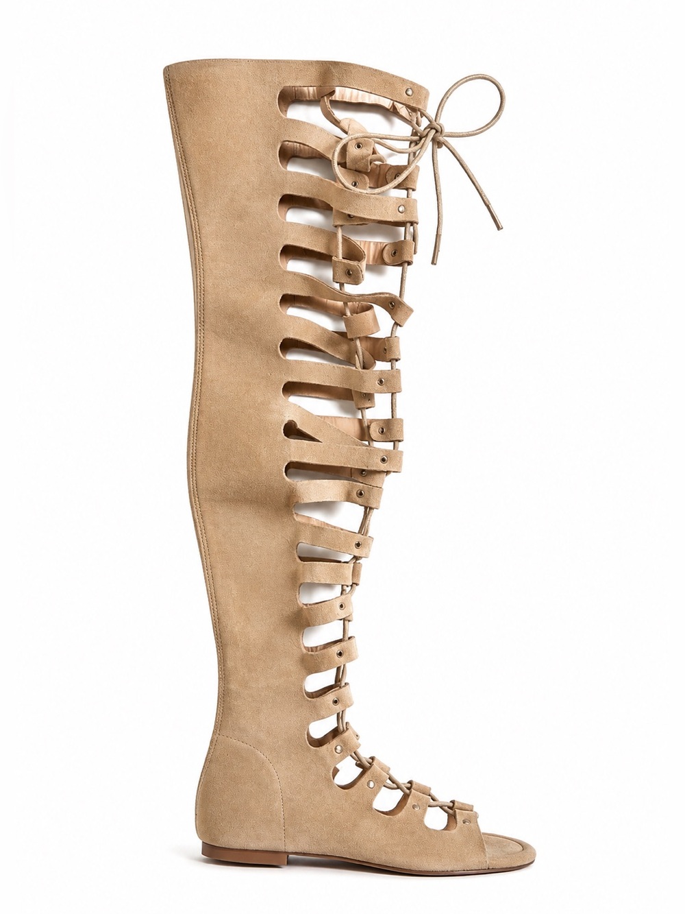 Fashion Nova Gladiator Knee High Sandals Cutout Lace-Up Faux Suede Boho Beige 6
